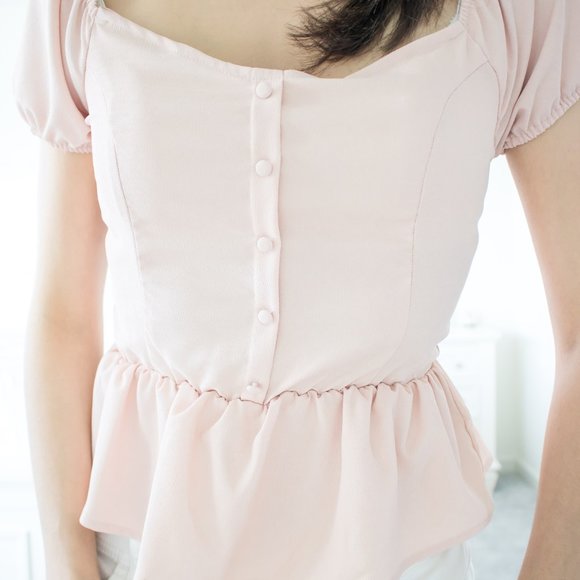 Heart Neck Smocking Detail Flare Hem Woven Top - Picture 2 of 8